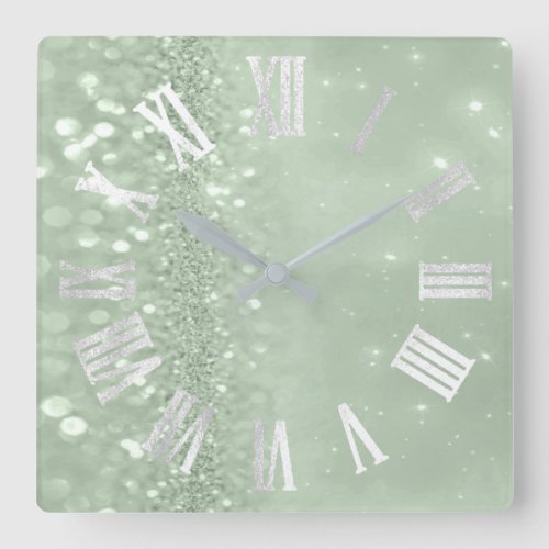 Roman Numbers Silver Gray Mint Green Glitter Glam Square Wall Clock