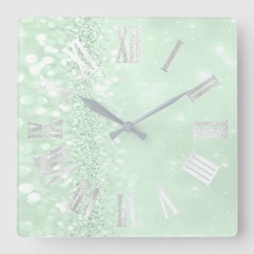 Roman Numbers Silver Gray Mint Green Glitter Glam Square Wall Clock