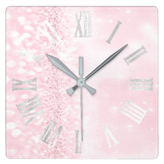 Roman Numbers Silver Gray Pink Glitter Girly Square Wall Clock | Zazzle.com