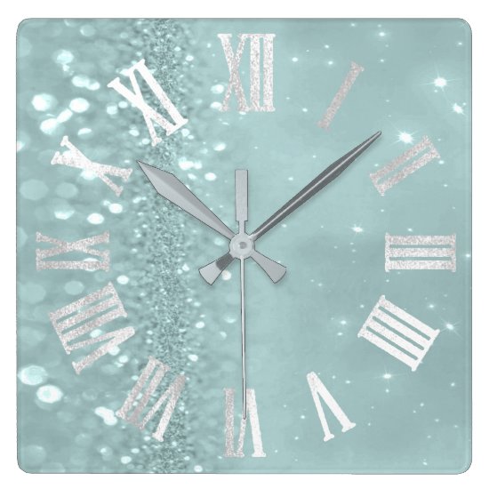Roman Numbers Silver Gray Teal Mint Glitter Glam Square Wall Clock