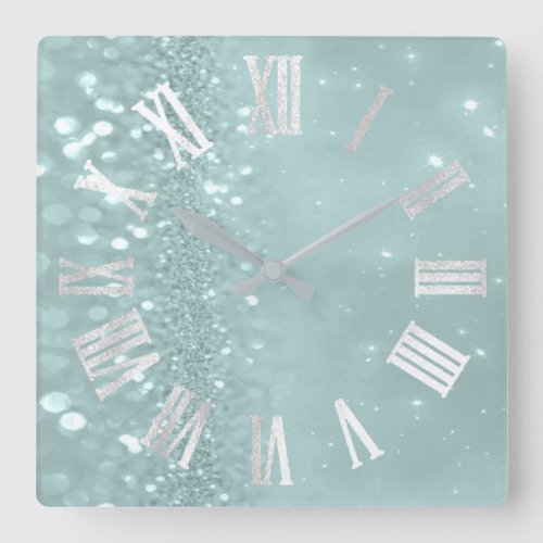 Roman Numbers Silver Gray Teal Mint Glitter Glam Square Wall Clock