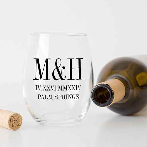 Roman Numeral Date Initials City Wedding Favor Stemless Wine Glass