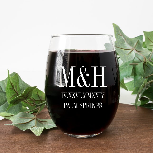 Roman Numeral Date, Initials, City Wedding Favor Stemless Wine Glass (Creator Uploaded)