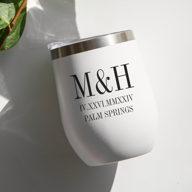 Roman Numeral Date, Initials, City Wedding Favor Thermal Wine Tumbler (Creator Uploaded)