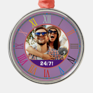 Roman Numerals Clock 24/7! Happy Fun Couple Photo  Metal Ornament