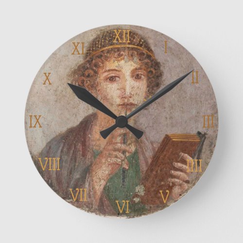Roman Numerals Pompeii Art Sappho Girl with Stylus Round Clock