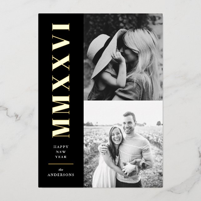 Roman Numerals Two Photos Black New Year Foil Holiday Card (Front)
