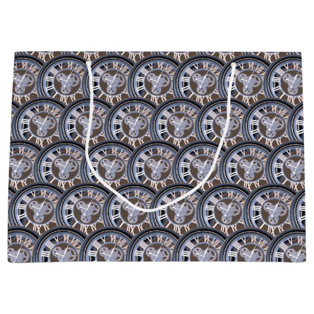 Roman Numerals Vintage Gear Clock Large Gift Bag (Front)