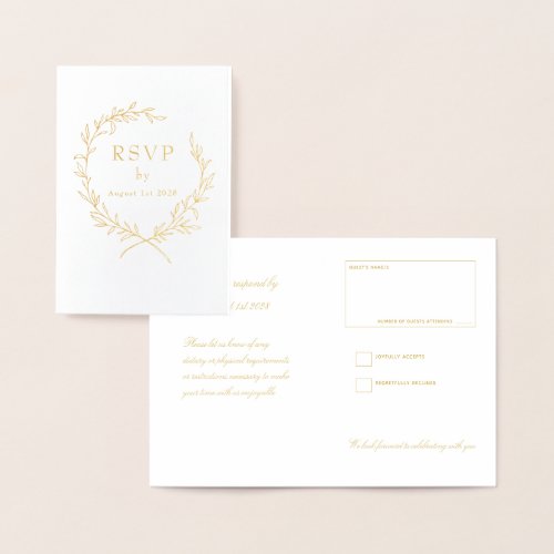 Roman Olive Leaf Wreath Wedding RSVP 2 Gold Foil Card