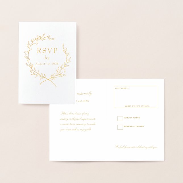 Roman Olive Leaf Wreath Wedding RSVP 2 Gold Foil Card (Display)