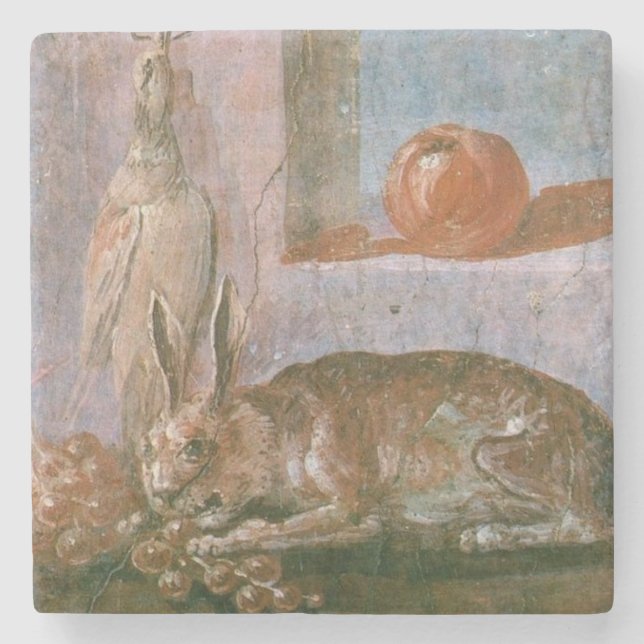 Roman Painting of Rabbit Eating Grapes Stone Coaster (Front)