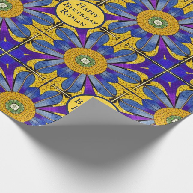 Roman Tile Mosaic Look - Blue / Yellow - own text Wrapping Paper (Corner)