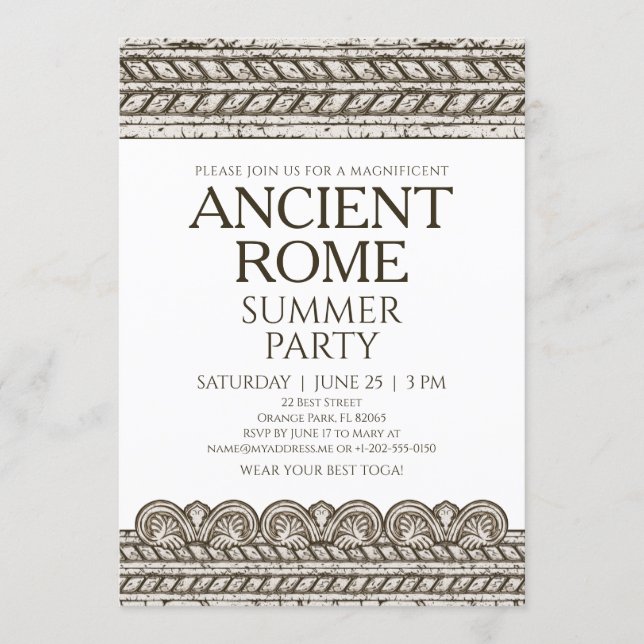 Roman Toga Party Invitation with stone elements (Front)