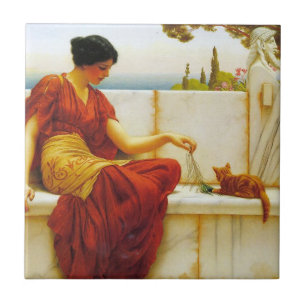 Roman Woman Playing with her Favorite Cat Ceramic Tile