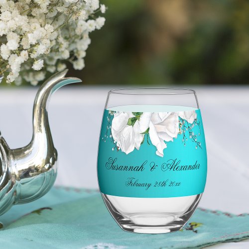 Romance and Roses Turquoise Wedding Stemless Wine Glass