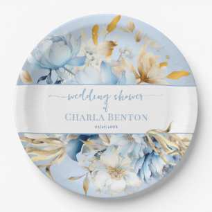 Romance Blue Floral Gold Wedding Shower Paper Plates