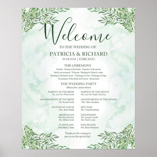 Romance Greenery Wedding Ceremony Program Board Poster (Front)