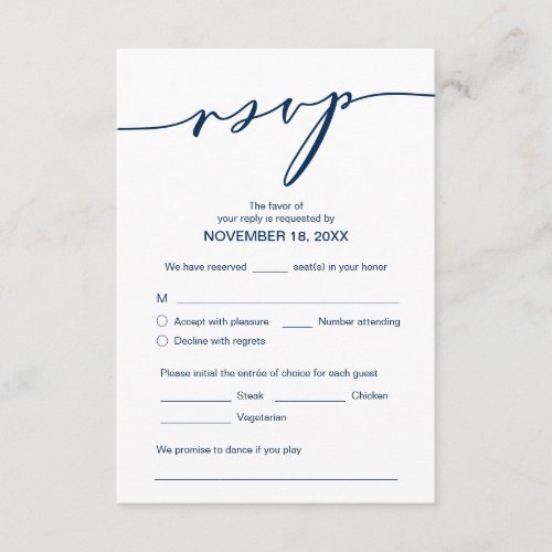 Romance Navy Blue Script Wedding Dinner RSVP Enclosure Card