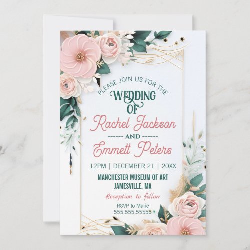 Romance Pastel Rose Wedding Floral Rectangle Frame Invitation