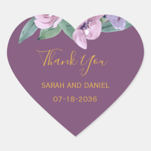 Romance Plum with Pink Roses Wedding Thank You Heart Sticker