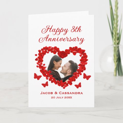 Romance Red Rose Heart Butterfly Photo Anniversary Card