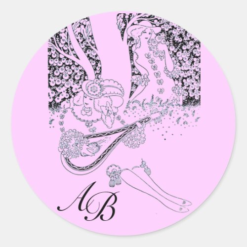 ROMANCE ROMANTIC LOVERS BLACK LILAC MONOGRAM CLASSIC ROUND STICKER