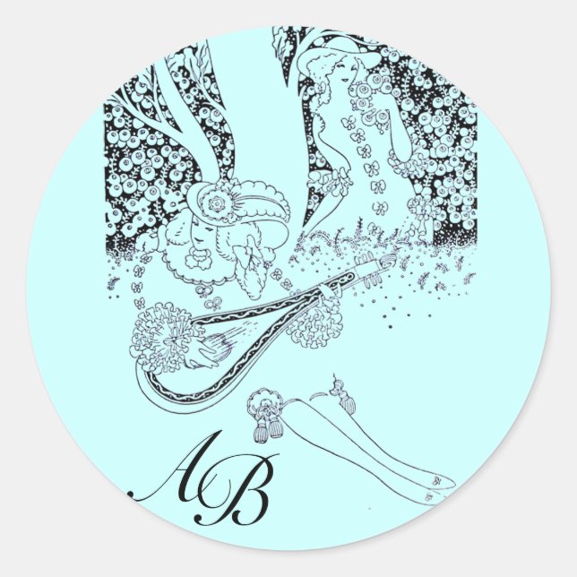 ROMANCE /ROMANTIC LOVERS BLACK TEAL BLUE MONOGRAM CLASSIC ROUND STICKER (Front)