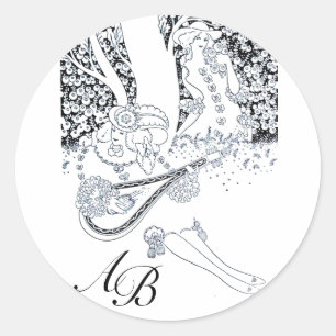 ROMANCE /ROMANTIC LOVERS BLACK WHITE MONOGRAM CLASSIC ROUND STICKER