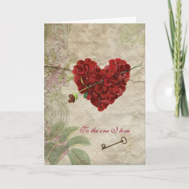 Romance Rose Petal Valentine  Heart with Key Card (Front)