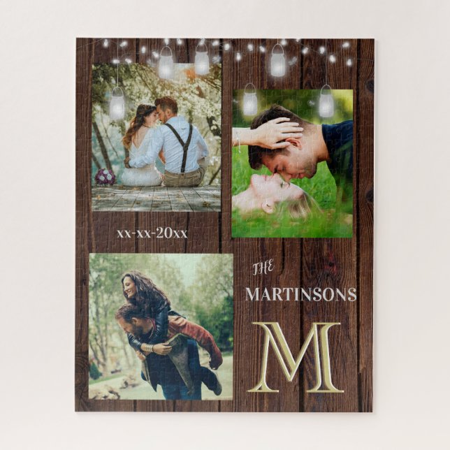 Romance Rustic Custom Monogram Photos Lights Jigsaw Puzzle (Vertical)