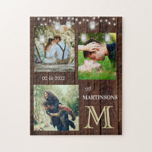 Romance Rustic Custom Monogram Photos Lights Jigsaw Puzzle