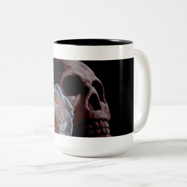 Romance - Skull and Peach Rose Two-Tone Coffee Mug (Front Right)