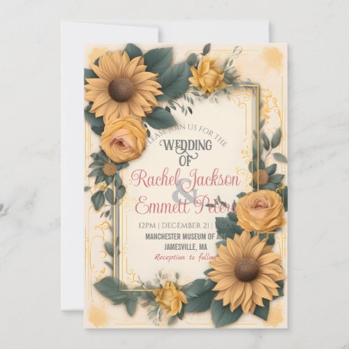 Romance Sunflower Wedding Yellow Rose Leaves Frame Invitation