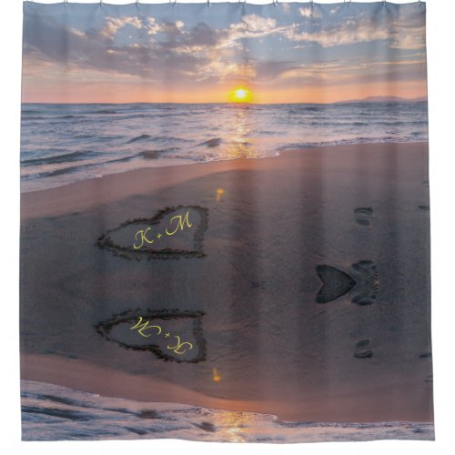 Romance Sunset Beach Heart Monogram Shower Curtain