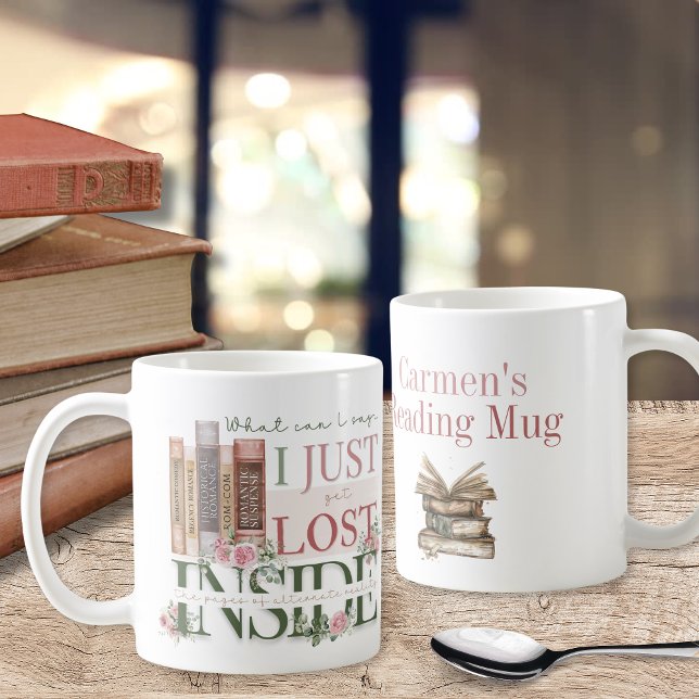 Romance Theme Personalized Bookish Theme Coffee Mug (Pink floral roses and romance theme bookish book lovers personalized coffee mug for birthday gifts)