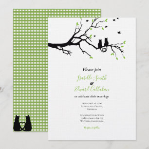 Romancing Black Cats In Tree Green Gingham Wedding Invitation