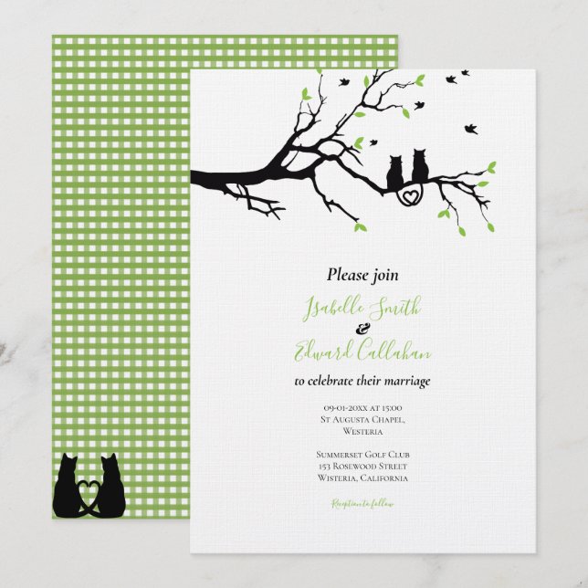 Romancing Black Cats In Tree Green Gingham Wedding Invitation (Front/Back)