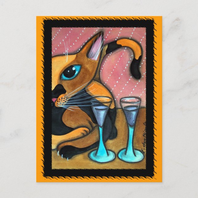 Romancing Cat and Wine Glasses Postcard (Front)