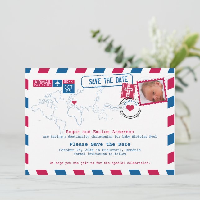 Romania Christening Baptism Save the Date (Standing Front)