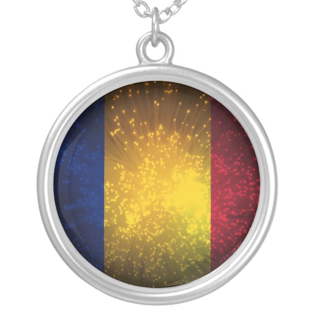 Romania Flag Firework Silver Plated Necklace (Front)