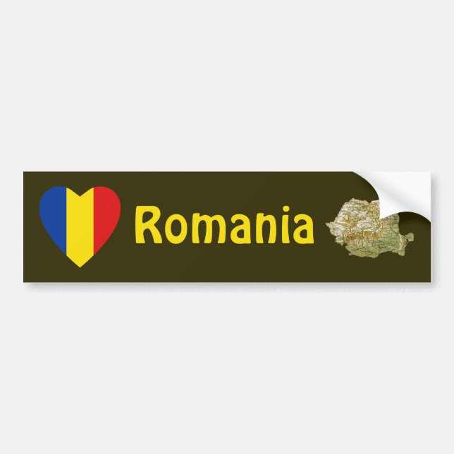 Romania Flag Heart + Map Bumper Sticker (Front)