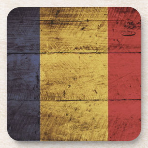 Romania Flag on Old Wood Grain Beverage Coaster