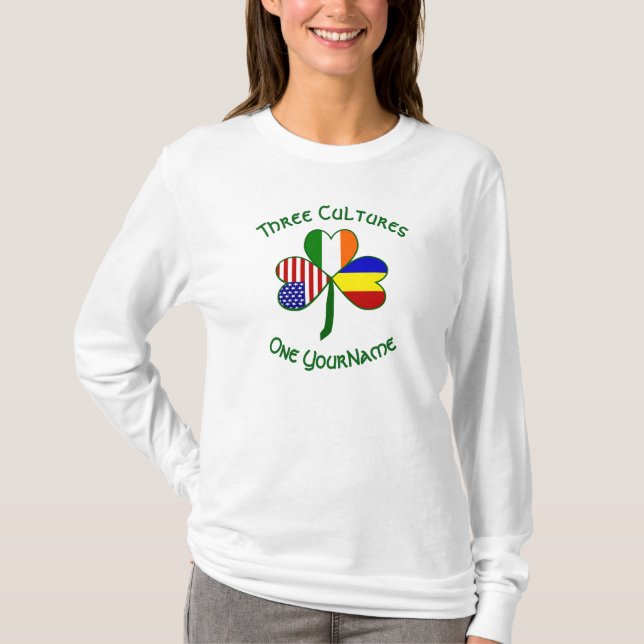 Romania Ireland USA Shamrock Flag Personalized  T-Shirt (Front)