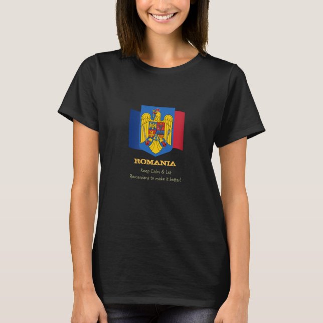 Romania & Keep Calm, Romanian Flag Patriotic T-Shirt (Front)
