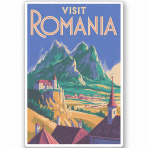 Romania Landscape Illustration Travel Art Vintage Sticker