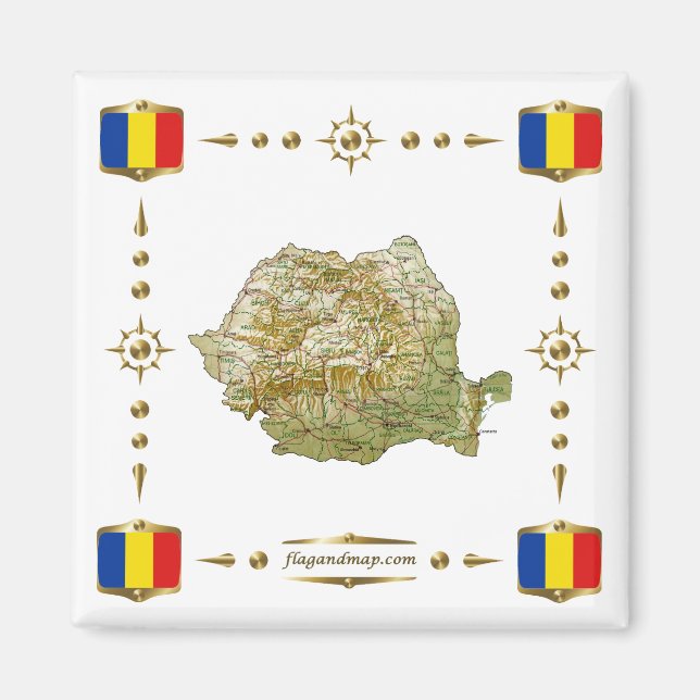 Romania Map + Flags Magnet (Front)