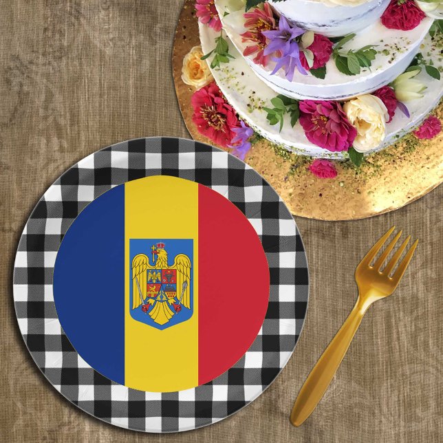 Romania Plate, buffalo plaid & Romanian Flag Paper Plates (Creator Uploaded)