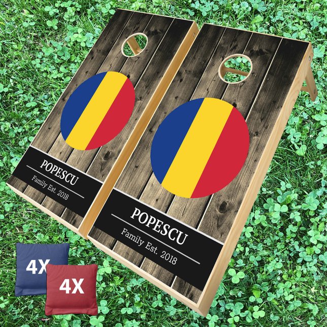 Romania & Romanian Flag Rustic Wood / Family fun Cornhole Set (Creator Uploaded)