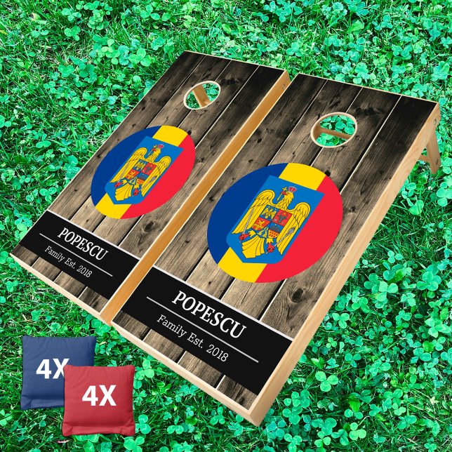 Romania & Romanian Flag Rustic Wood / Family fun Cornhole Set (Creator Uploaded)