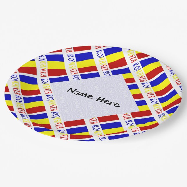 Romania Romanian Flag Titled Black Personalization Paper Plates (Angled)